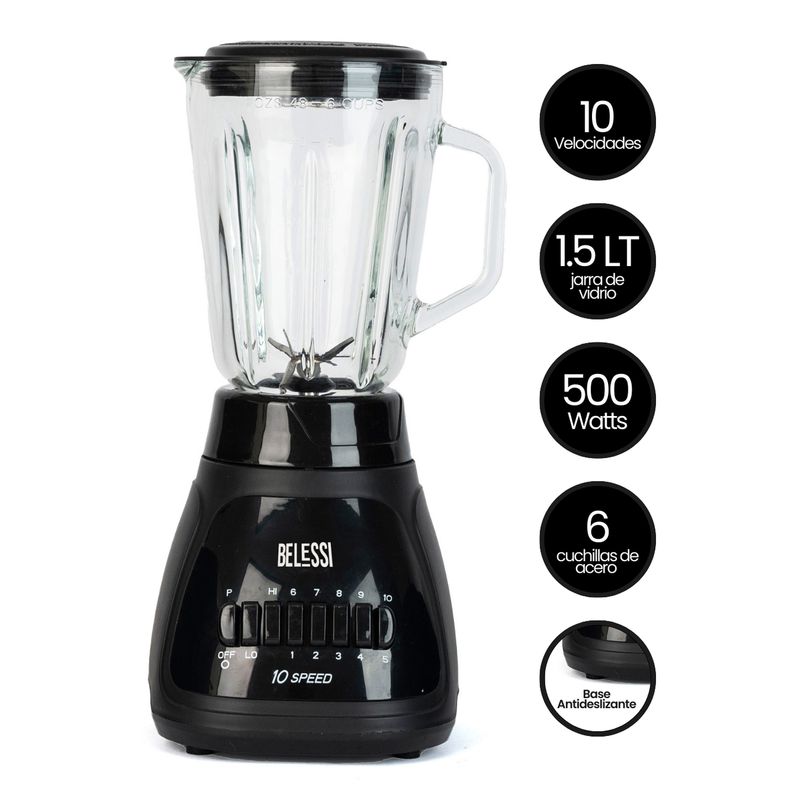 BELESSI - Licuadora 10 Velocidades + Pulso - 500W 1.5L, Vaso de Vidrio