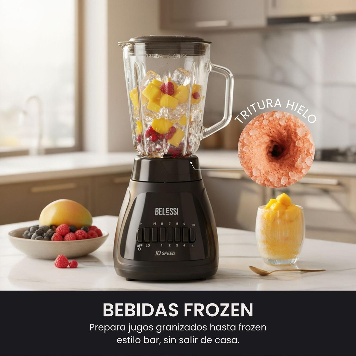 BELESSI - Licuadora 10 Velocidades + Pulso - 500W 1.5L, Vaso de Vidrio