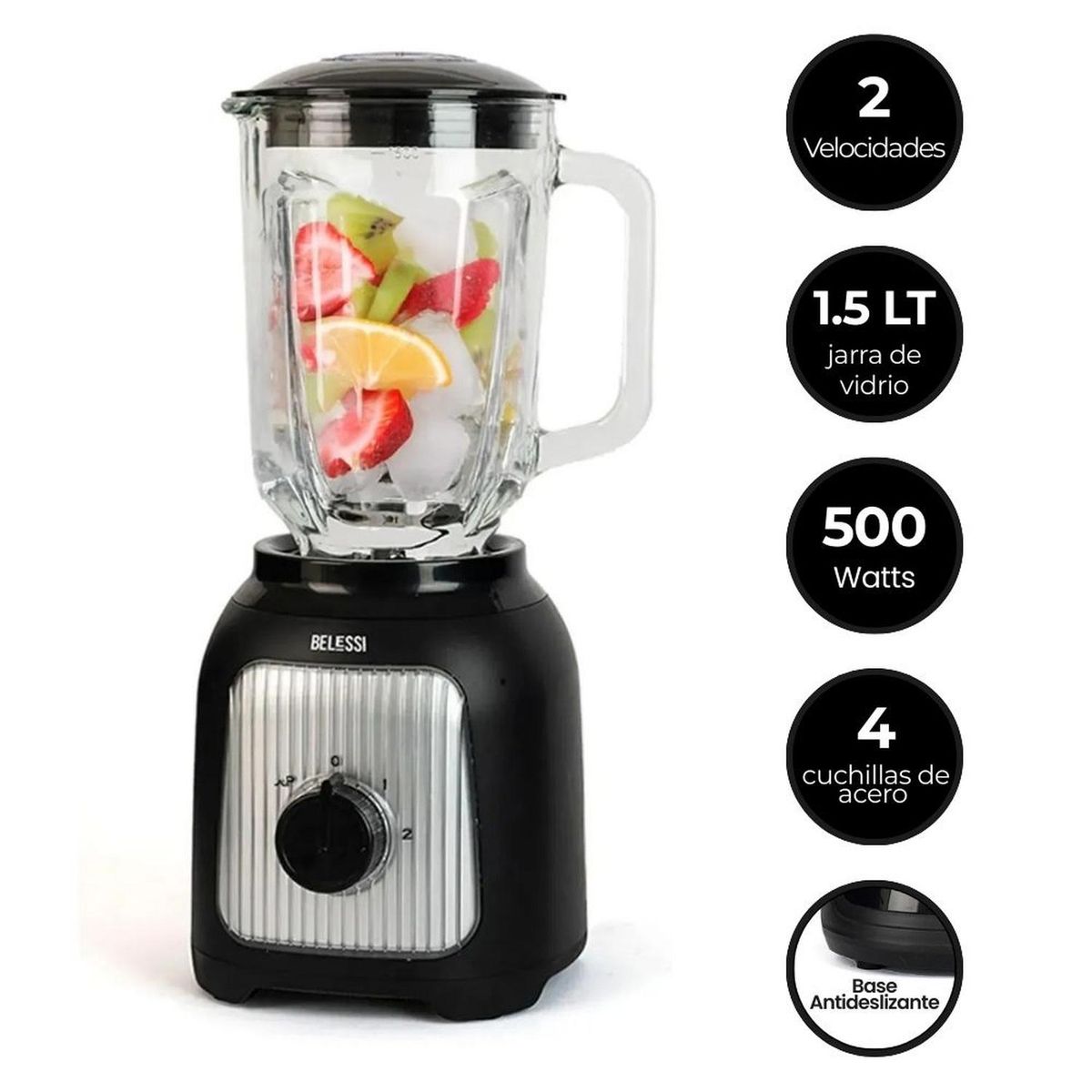 BELESSI - Licuadora 2 Velocidades + Pulso - 500W 1.5L, Vaso de Vidrio
