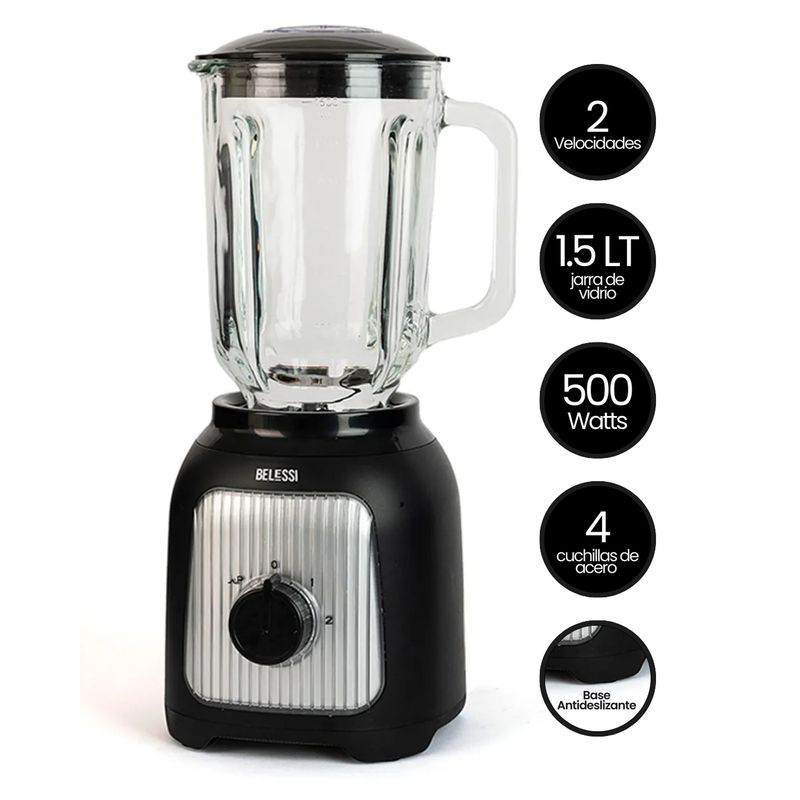 BELESSI - Licuadora 2 Velocidades + Pulso - 500W 1.5L, Vaso de Vidrio