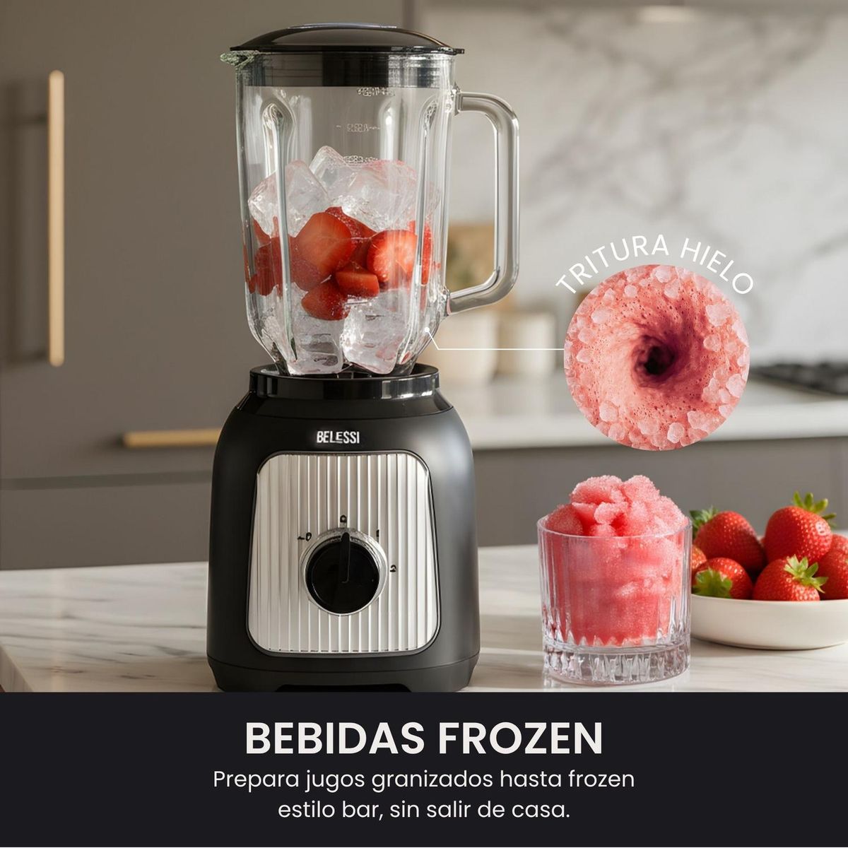 BELESSI - Licuadora 2 Velocidades + Pulso - 500W 1.5L, Vaso de Vidrio