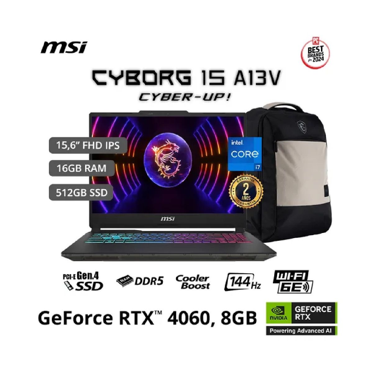 MSI - MSI Cyborg 15 A13VFK 15.6'', Intel i7-13620H, 16GB DDR5, 512GB SSD, RTX 4060 8GB, Windows 11 Español