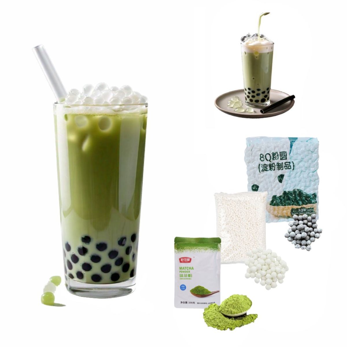 GENERICO - Pack Bubble Tea 3u Matcha Perlas de Tapioca Negro y Blanco