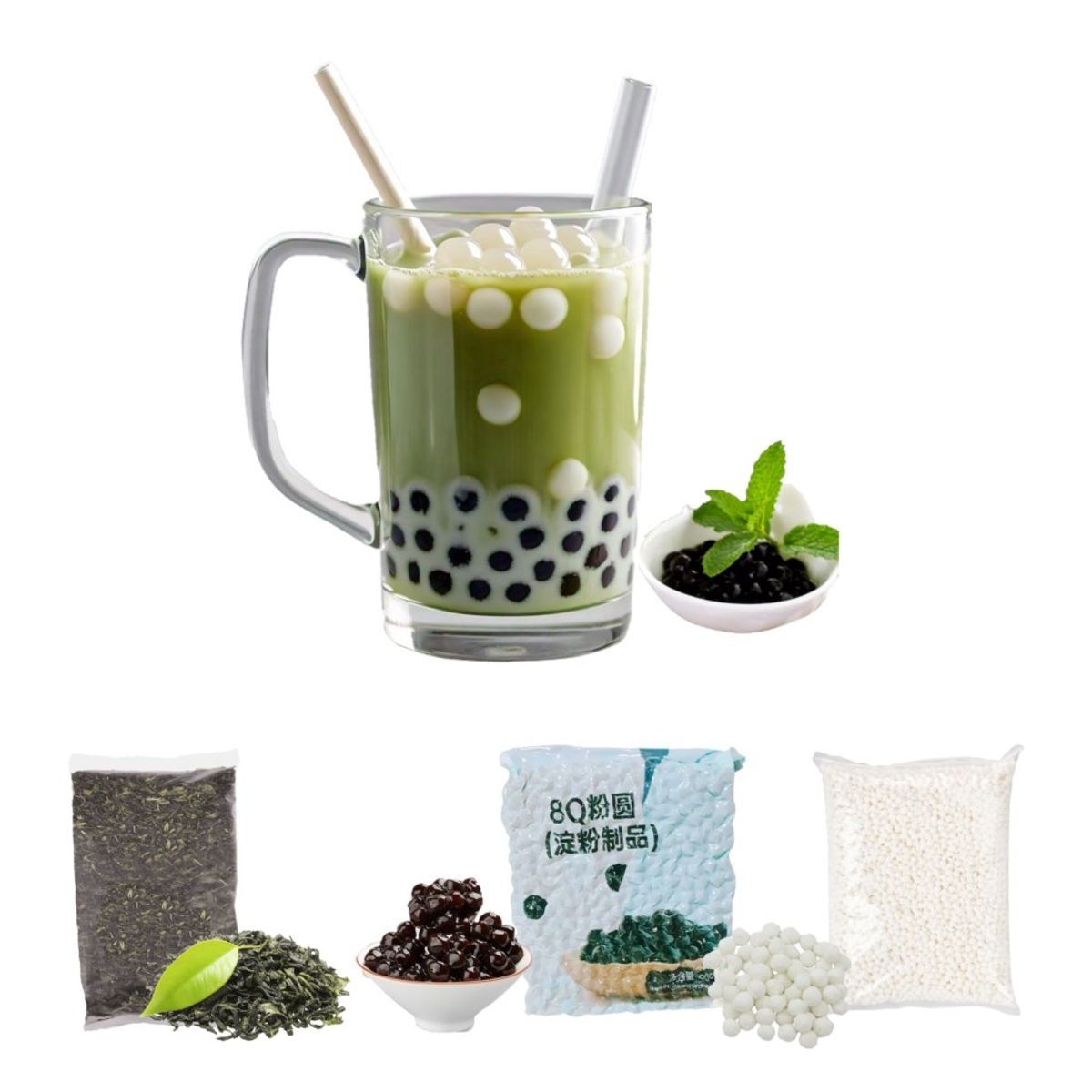 GENERICO - Pack Bubble Tea 3u Te Verde Perlas de Tapioca Negro y Blanco