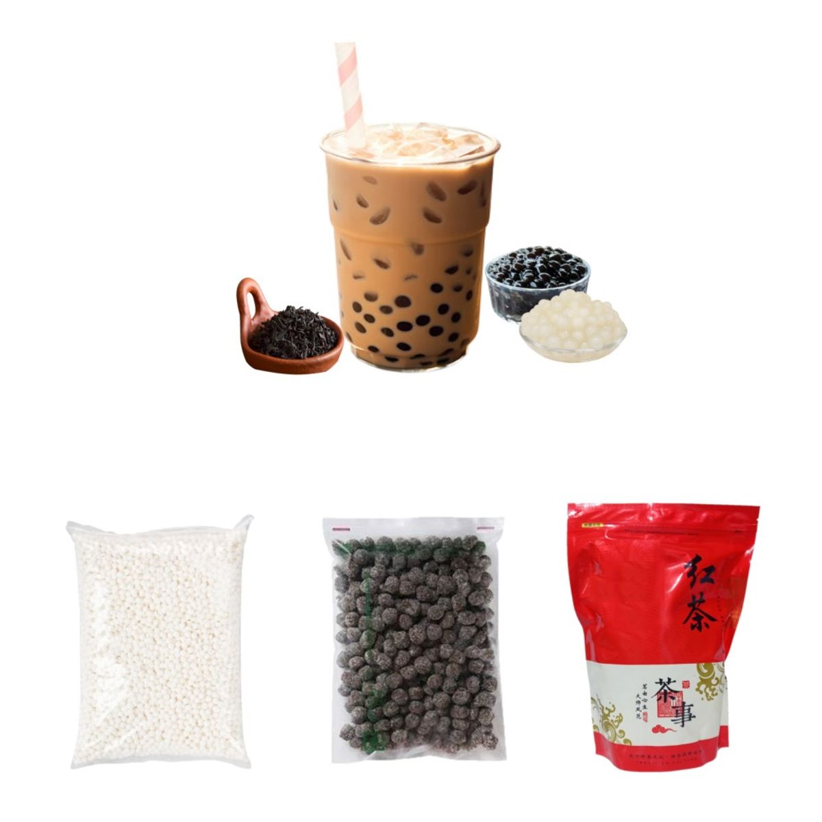 GENERICO - Pack Bubble Tea 3u Te Negro Perlas de Tapioca Negro y Blanco