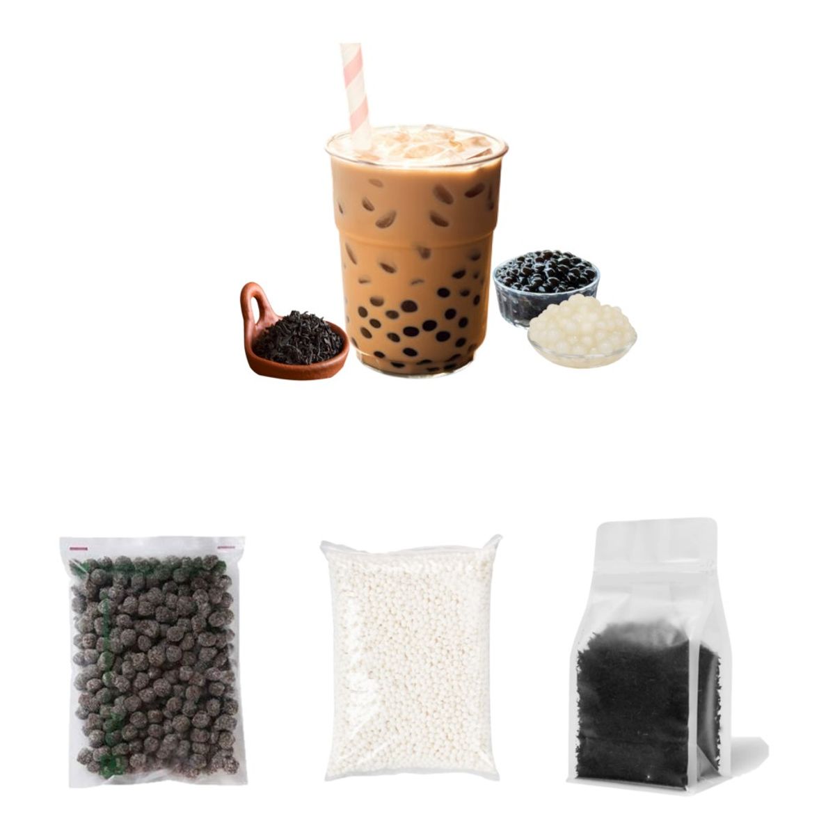 GENERICO - Pack Bubble Tea 3u Te Negro Perlas de Tapioca Negro y Blanco