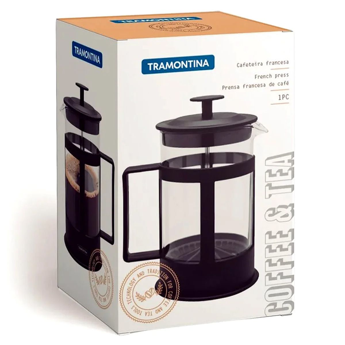 TRAMONTINA - Cafetera Francesa Tramontina Vidrio y Polipropileno Negro 600 ml