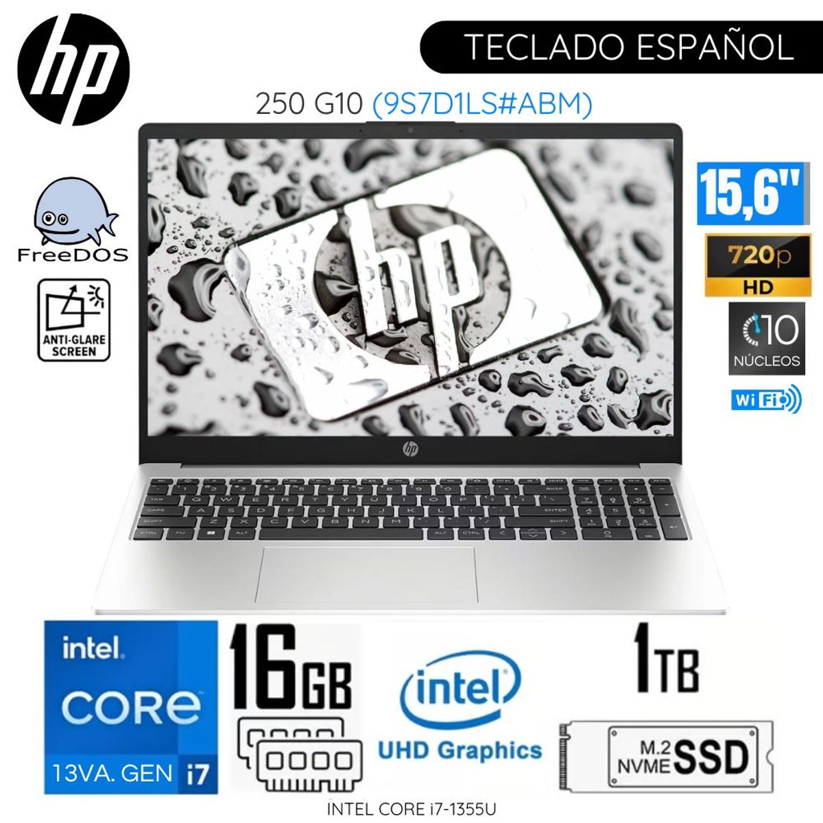 HP - Laptop HP 250 G10 Intel Core i7-1355U 16GB RAM 1TB SSD 15.6"  HD Silver Free Dos - 9S7D1LS