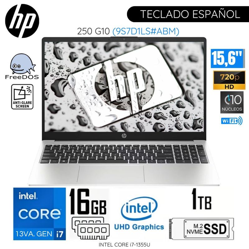 HP - Laptop HP 250 G10 Intel Core i7-1355U 16GB RAM 1TB SSD 15.6"  HD Silver Free Dos - 9S7D1LS