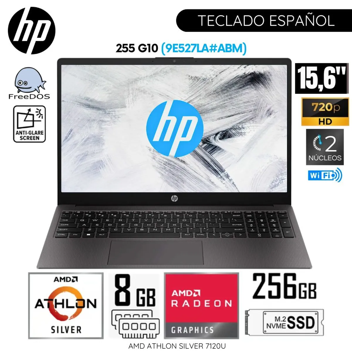 HP - Laptop HP 255 G10 AMD Athlon Silver 7-120U 8GB RAM 256GB SSD 15.6"  HD Free Dos (9E527LA#ABM) - Gris