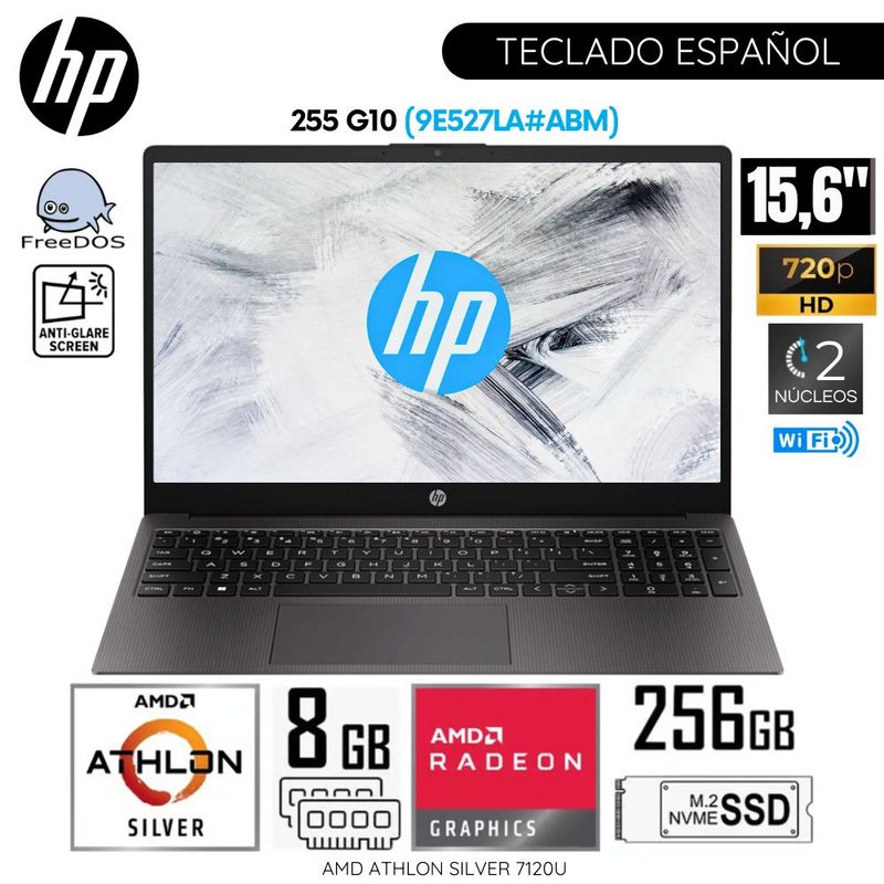 HP - Laptop HP 255 G10 AMD Athlon Silver 7-120U 8GB RAM 256GB SSD 15.6"  HD Free Dos (9E527LA#ABM) - Gris