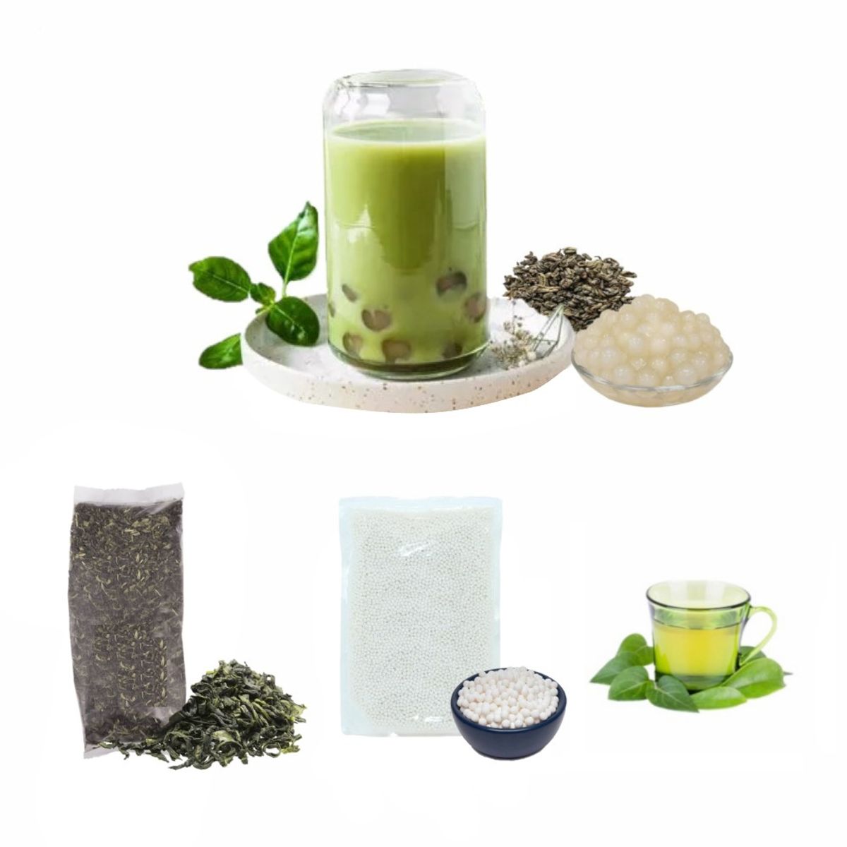 GENERICO - Pack Bubble Tea 2u Te Verde y Perlas de Tapioca Blanca