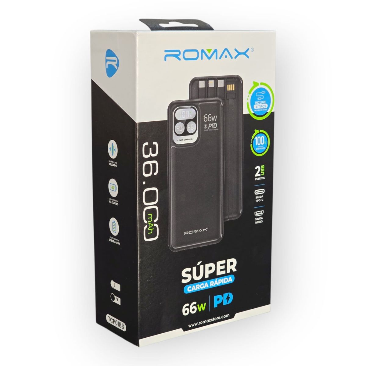 ROMAX - BATERÍA EXTERNA POWER BANK  DE 36 000 mAh CON CARGA SUPER RÁPIDA DE 66W
