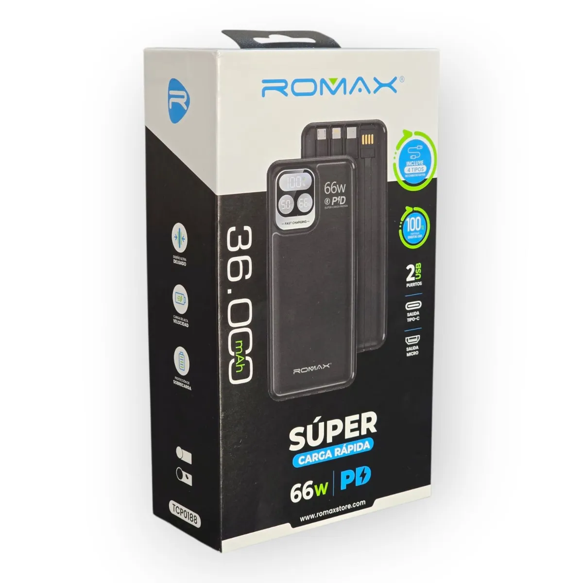 ROMAX - BATERÍA EXTERNA POWER BANK  DE 36 000 mAh CON CARGA SUPER RÁPIDA DE 66W