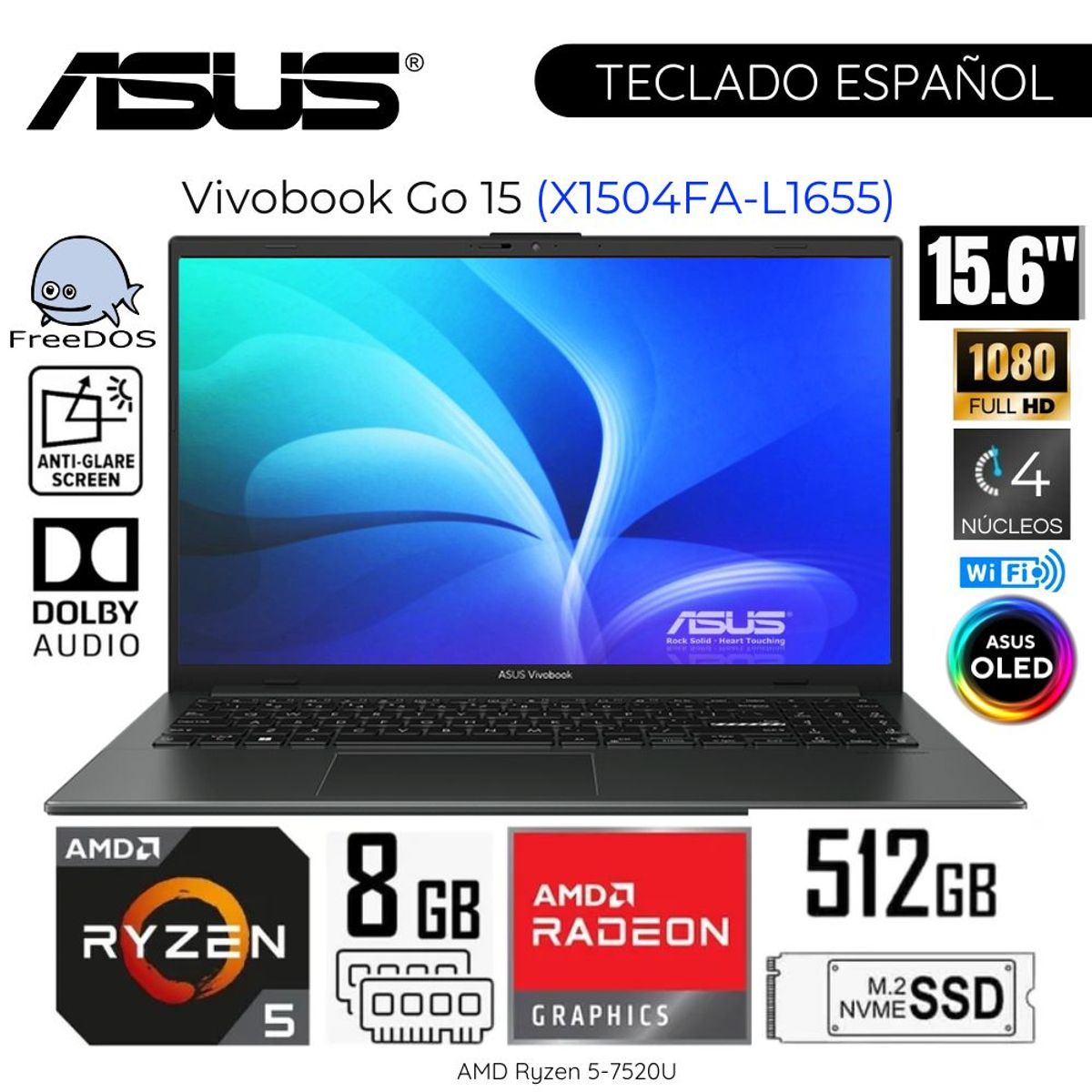 ASUS - Laptop Asus Vivabook X1504FA-L1655 AMD Ryzen 5 7520U 8GB DDR5 RAM 512GB SS 15.6"  FHD OLED Free Dos
