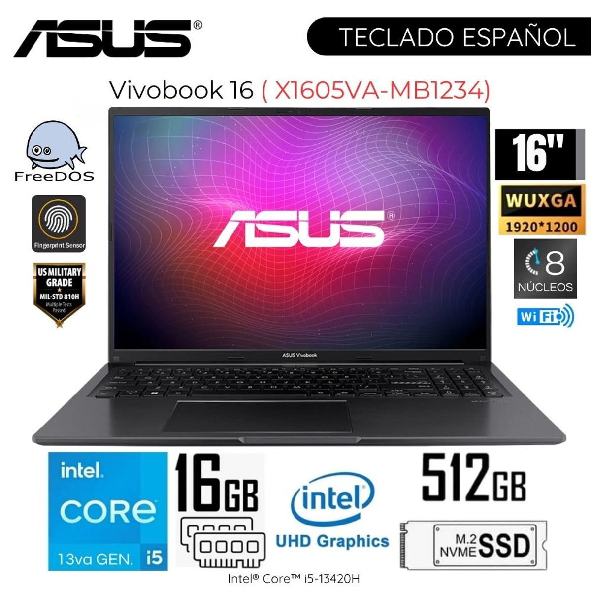 ASUS - Laptop Asus VivaBook X1605VA-MB1234 Intel Core i5-13420H 16GB RAM 512GB SSD 16"  WUXGA IPS Free Dos