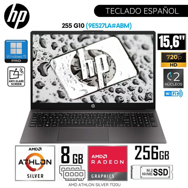 HP - Laptop HP 255 G10 AMD Athlon Silver 7-120U 8GB RAM 256GB SSD 15.6"  HD Free Dos (9E527LA#ABM) - Gris
