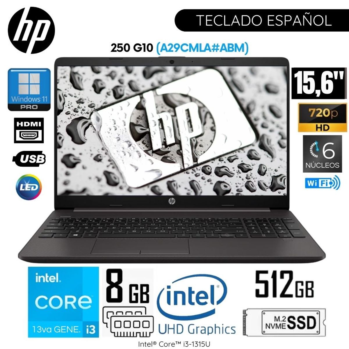HP - Laptop HP 250 G10 15.6″ HD  Intel Corei3-1315U 8GB RAM 512GB SSD FREE DOS (A29CMLA#ABM)