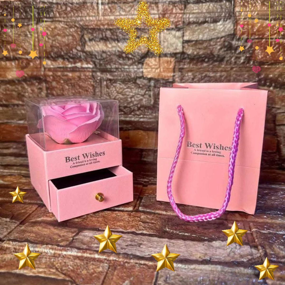 GENERICO - ADORNO ROSA ETERNA EN JABÓN PÉTALOS DE ROSA Y JOYERO ROSADO