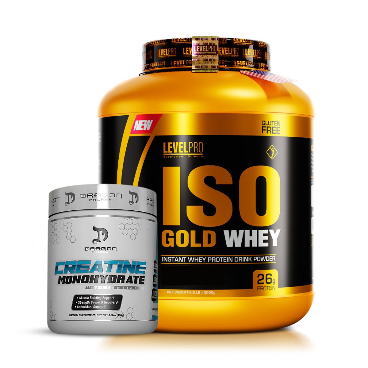 LEVEL PRO - Iso Gold Whey 3 kg Proteina Isolatada - Chocolate + Creatina Dragon Pharma 300 g