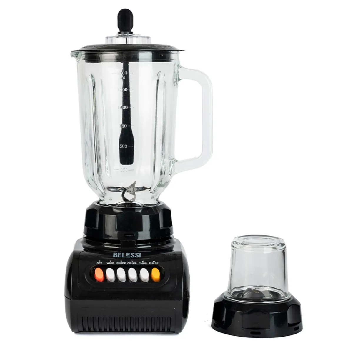 BELESSI - Licuadora 4 velocidades + Pulso - 300W 1.5L, Vaso de Vidrio y Vaso Picador con Espátula