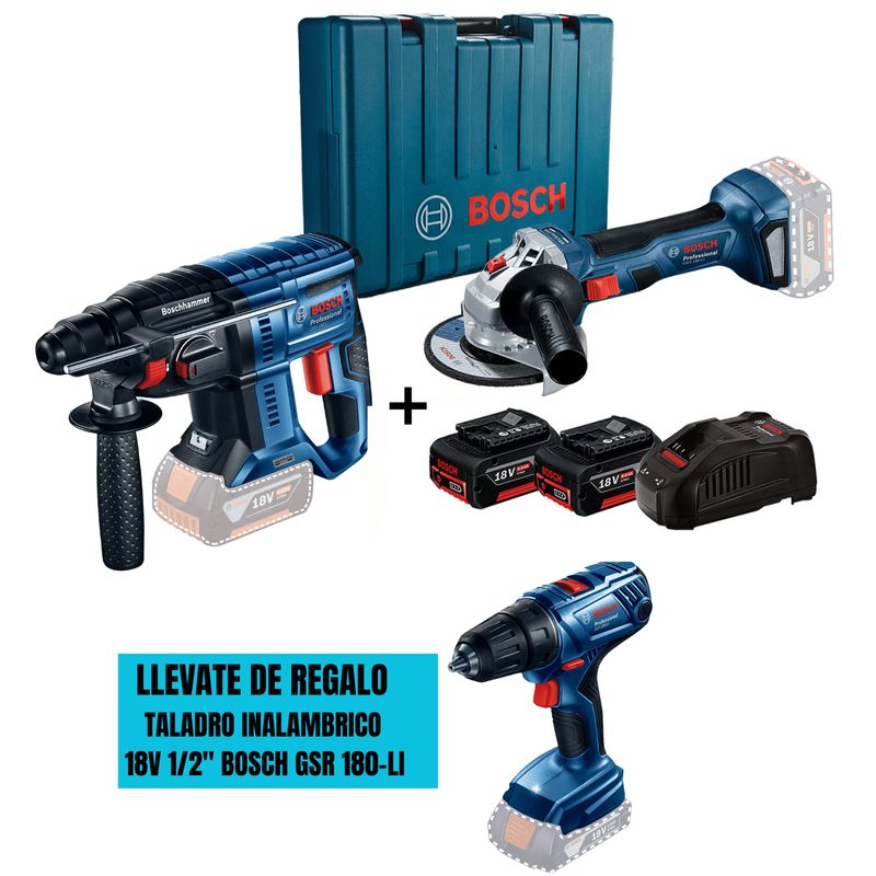 BOSCH - Amoladora GWS 180 +Rotomartillo GBH 180 +Taladro GSR 185 +2 bat 4Ah