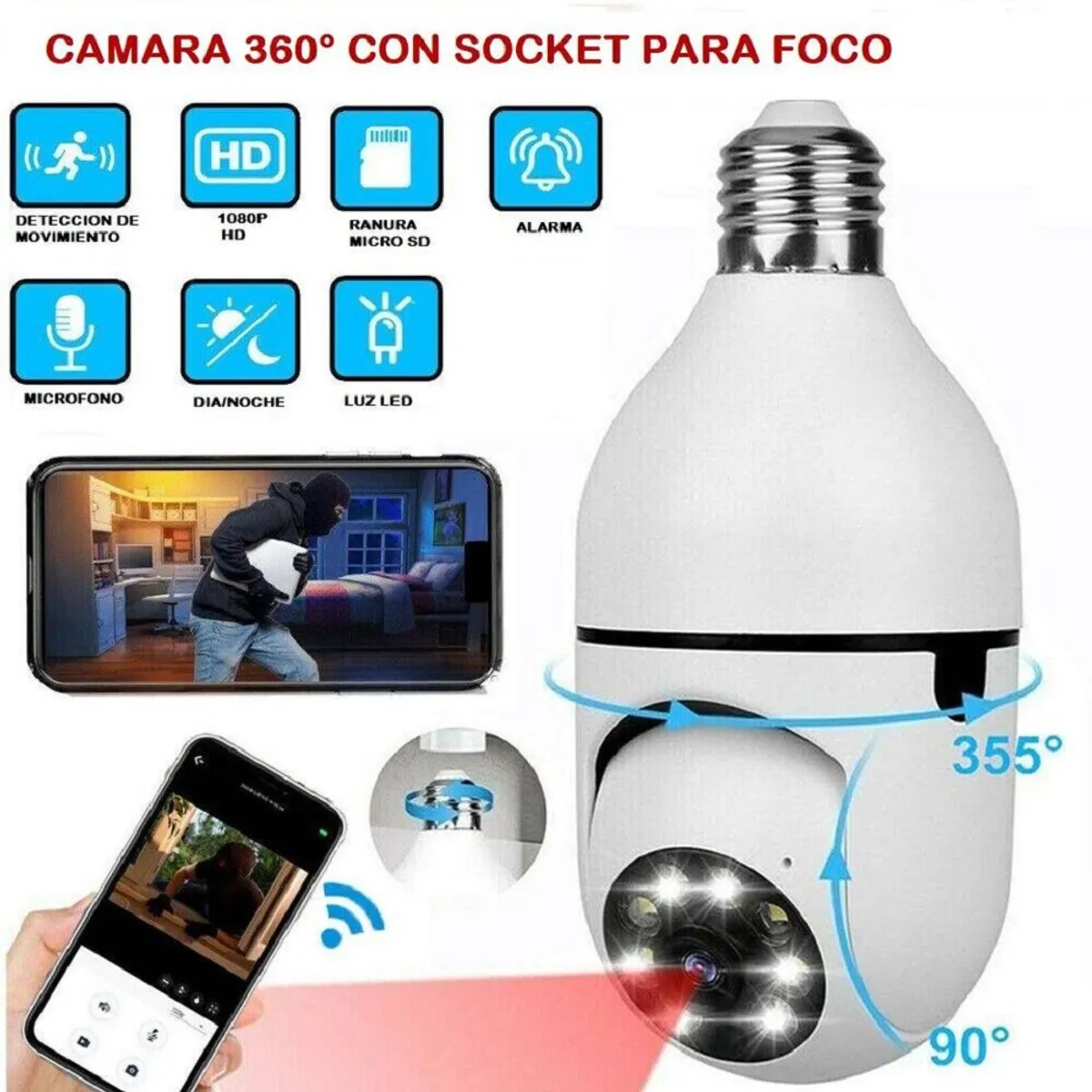 PREMIUM - Cámara Foco  Smart 360° de Seguridad Wifi con Visión Nocturna y Altavoz - C512343