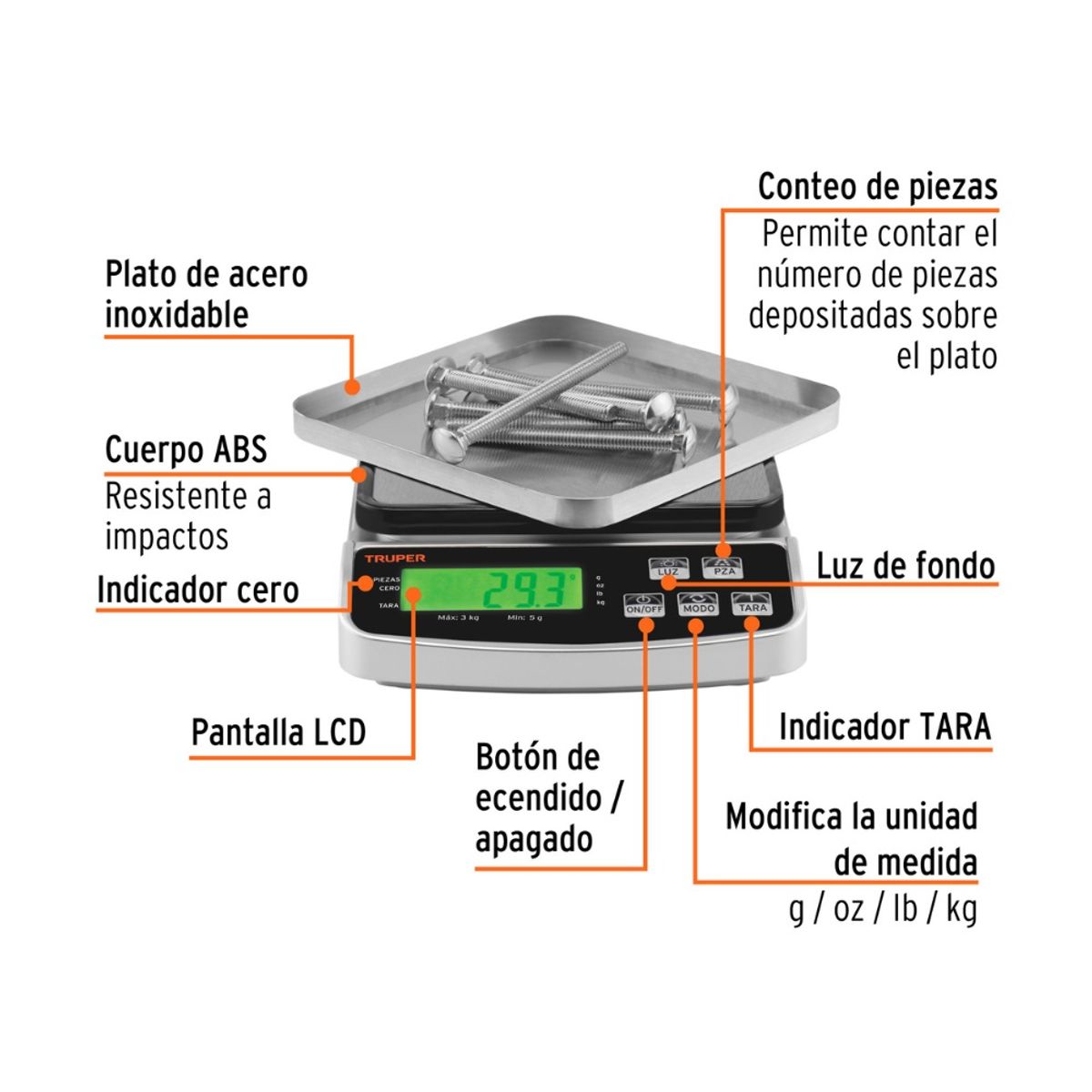 TRUPER - Balanza Electronica de Precision 3Kg Truper BASE-3 Recargable