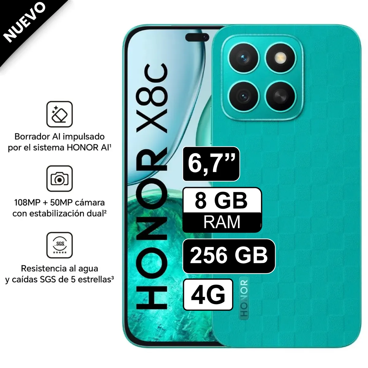 HONOR - Celular Honor X8C 256GB 8GB RAM cámara principal 108MP + 5MP frontal 50MP 65 Pulg Verde