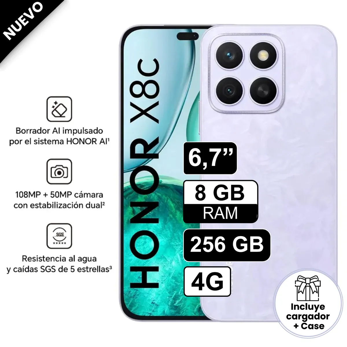 HONOR - Celular Honor X8C 256GB 8GB RAM cámara principal 108MP + 5MP frontal 50MP 65 Pulg Lila