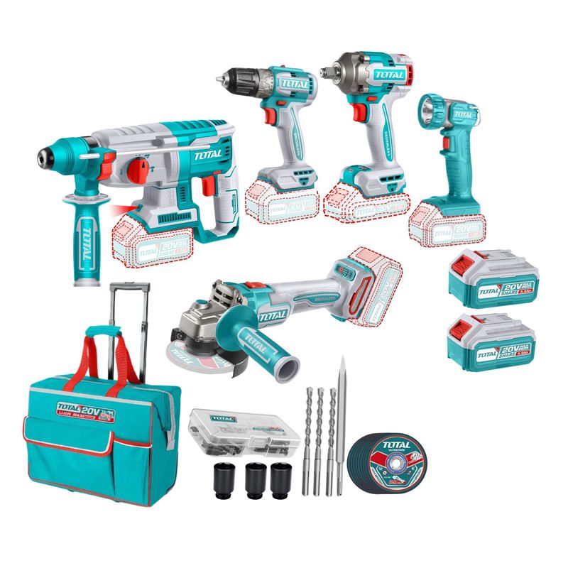 TOTAL TOOLS - Mega Combo Taladro + Rotomartillo + Llave de impacto + Amoladora TOTAL