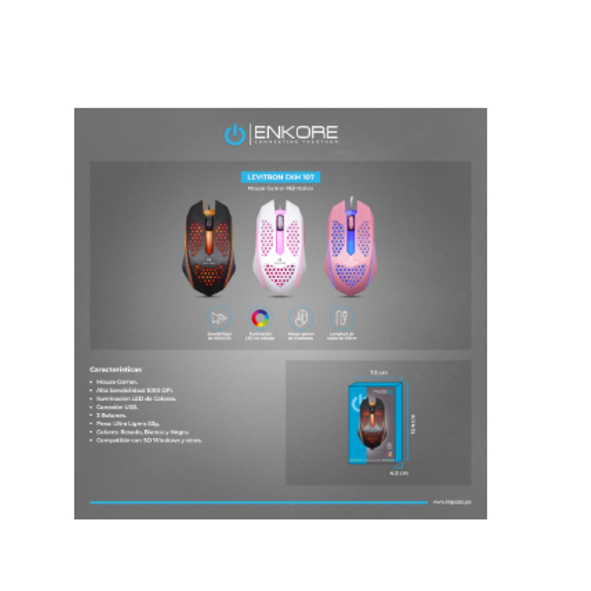 ENKORE - Mouse Gamer Alambrico LEVITRON EKM107 White USB ENKORE