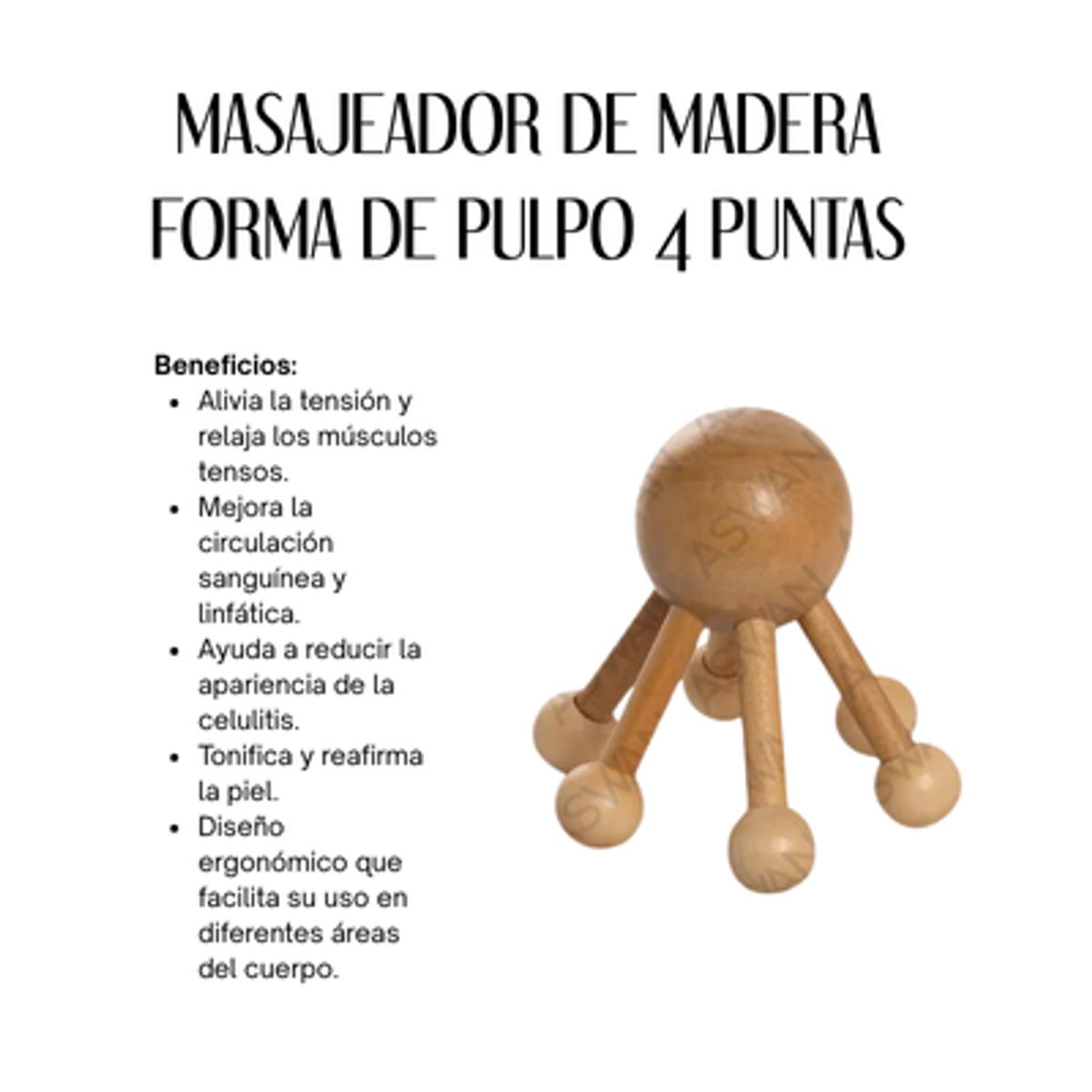 GENERICO - MASAJEADOR DE MADERA FORMA DE PULPO 4 PUNTAS