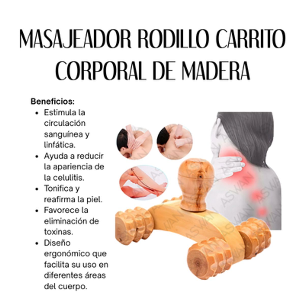 GENERICO - MASAJEADOR RODILLO CARRITO CORPORAL DE MADERA
