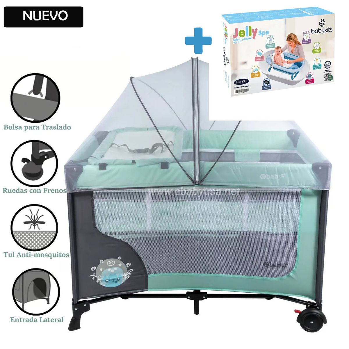 EBABY - Cuna Corral Ebaby con Cambiador Happy Dream Verde +Bañera