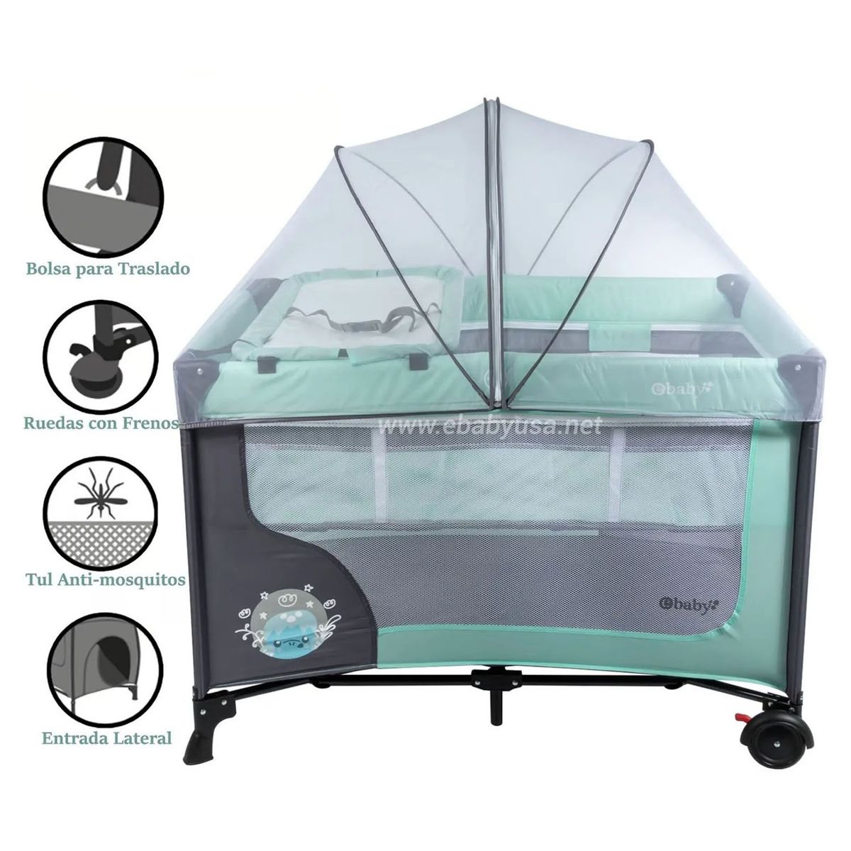 EBABY - Cuna Corral Ebaby con Cambiador Happy Dream Verde +Bañera