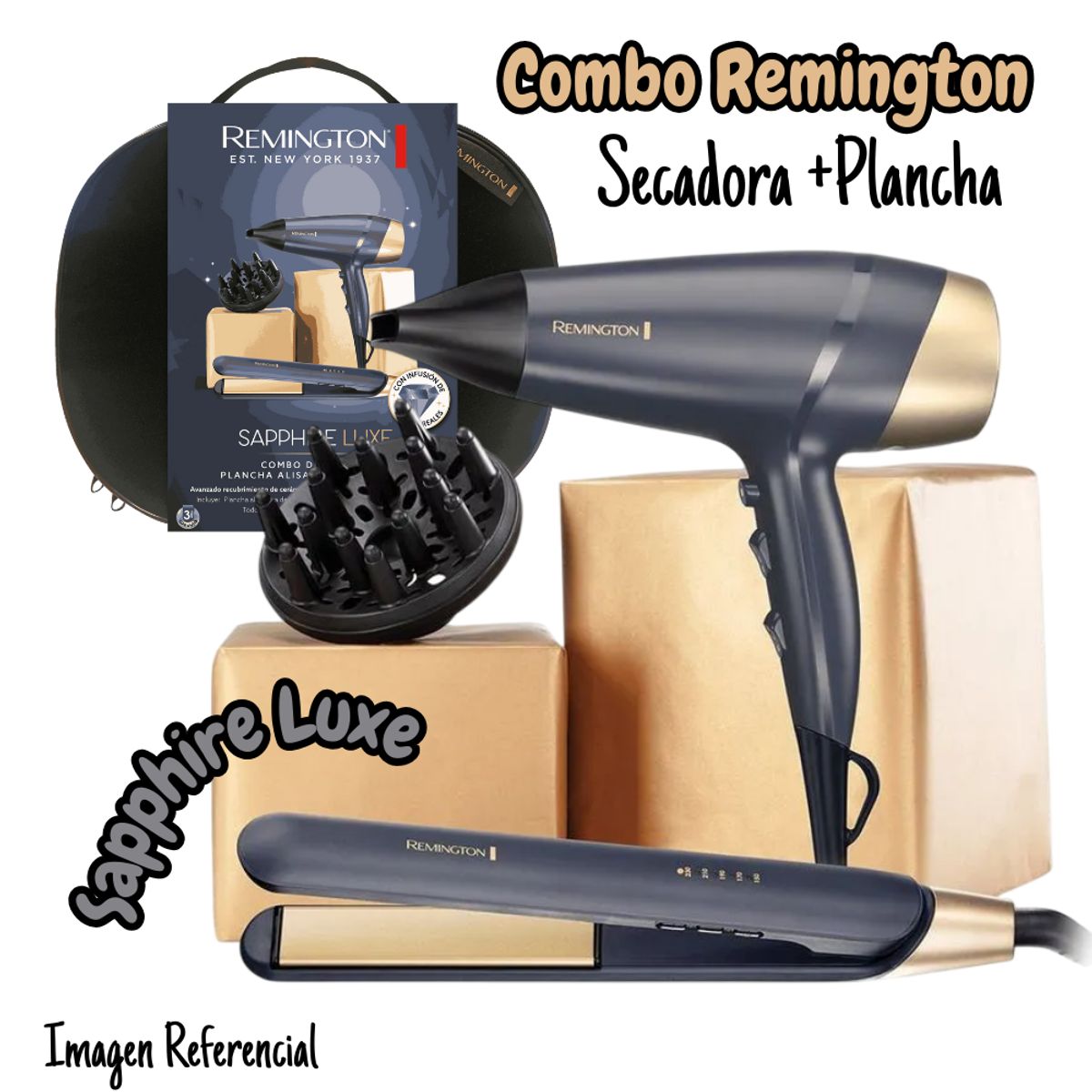 REMINGTON - Combo Remington Sapphire Luxe Secadora De Cabello + Plancha De Cabello