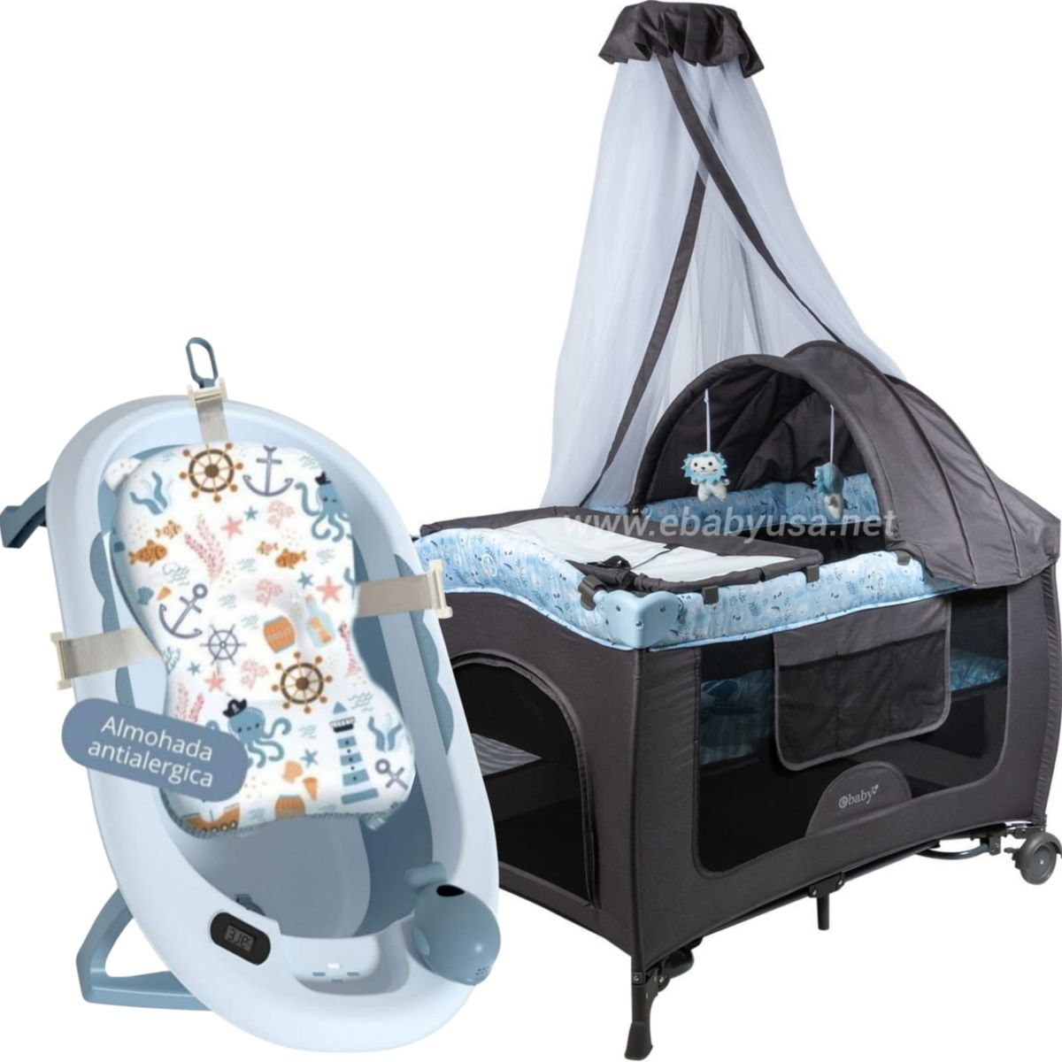 EBABY - Cuna Corral Mecedora Sally + Bañera Plegable para Bebé