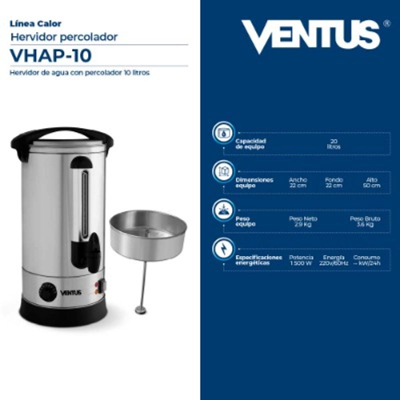 VENTUS - HERVIDOR ELECTRICO 10L CON PERCOLADOR VENTUS VH AP10 ACERO INOXIDABLE