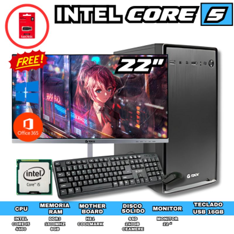 INTEL - PC DE ESCRITORIO INTEL CORE I5 8GB RAM 256GB SSD CON MONITOR 22PULGADAS
