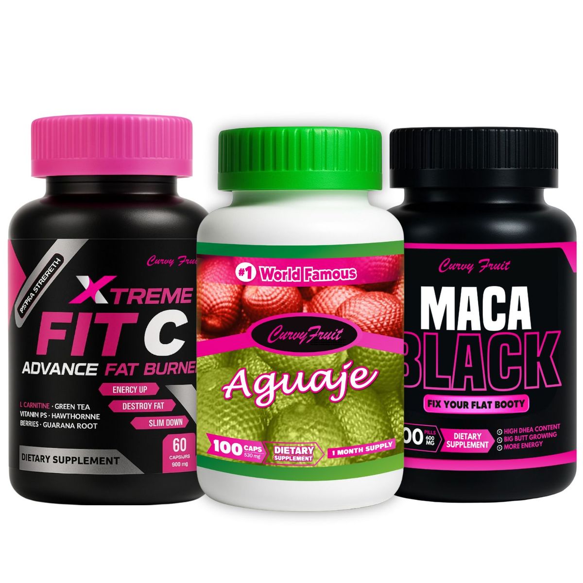 CURVY FRUIT - Fit N Curvy Aguaje + Black Maca + Fit C Xtreme  Glúteos Energía y Quema Grasa Curvy Fruit