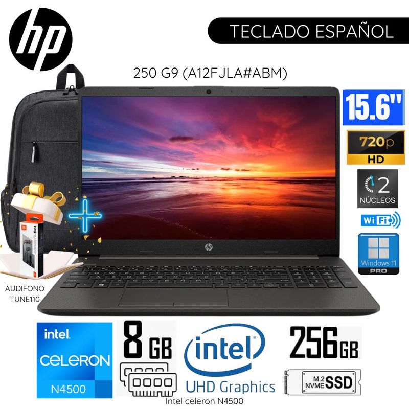 HP - Laptop HP 250 G9 Intel Celeron N4500 8GB RAM 256GB SSD 15.6" Pulg. HD (A12FJLA#ABM)-Plomo Oscuro