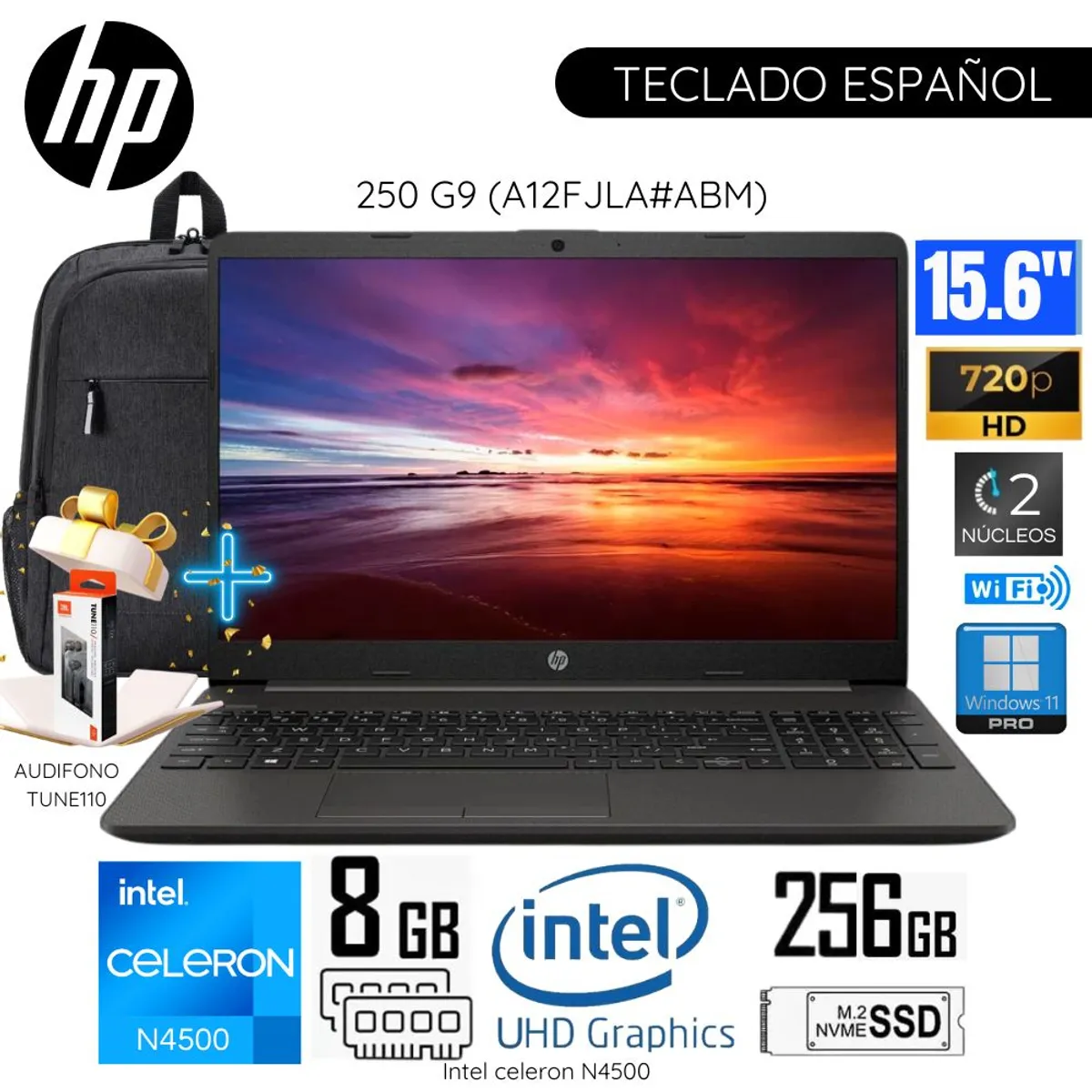 HP - Laptop HP 250 G9 Intel Celeron N4500 8GB RAM 256GB SSD 15.6" Pulg. HD (A12FJLA#ABM)-Plomo Oscuro