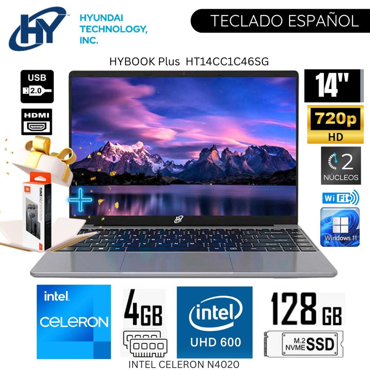 HYUNDAI - Laptop Hyundai Hybook Plus HT14CC1C46SG Intel Celeron N4020 4GB RAM 125GB SSD 14"  HD WIN 11 - Gris