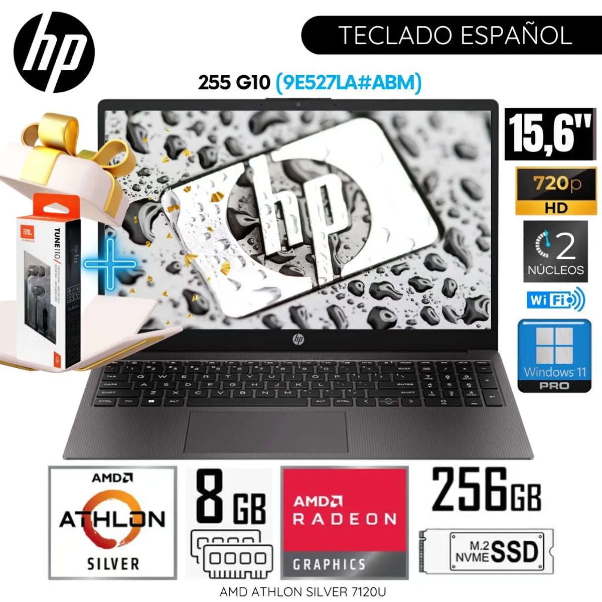 HP - Laptop HP 255 G10 AMD Athlon Silver 7-120U 8GB RAM 256GB SSD 15.6"  HD Free Dos (9E527LA#ABM) - Gris