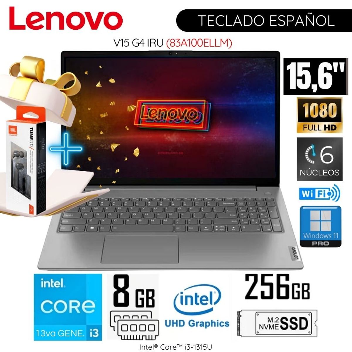 LENOVO - Laptop Lenovo V15 G4 IRU Intel Core i3-1315U 8GB RAM 256GB SSD 15,6  pulg FHD - 83A100ELLM