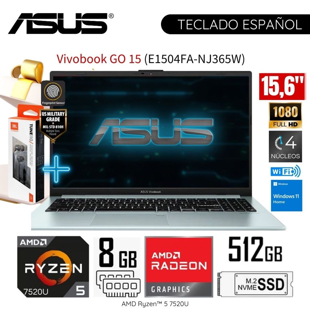 ASUS - Laptop Asus VivaBook Go E1504FA-NJ365W AMD Ryzen5-7520U 8GB RAM 512GB RAM 15.6"  FHD+ Audífono