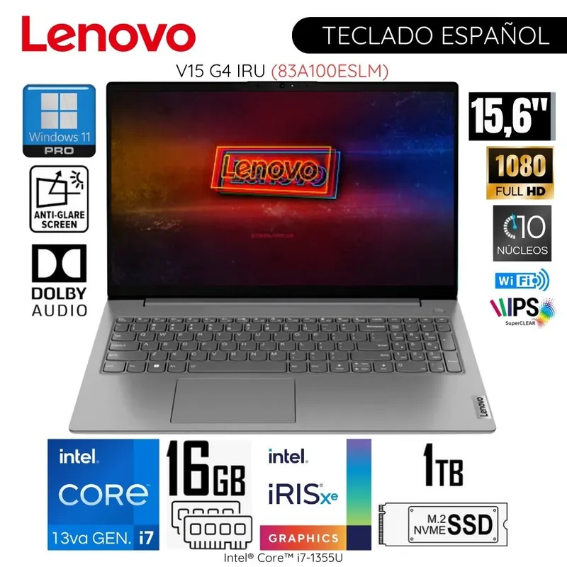 LENOVO - Laptop Lenovo V15 G4 IRU 15.6"   FHD Intel Core i7-1355U 16GB RAM 1TB SSD 83A100ESLM