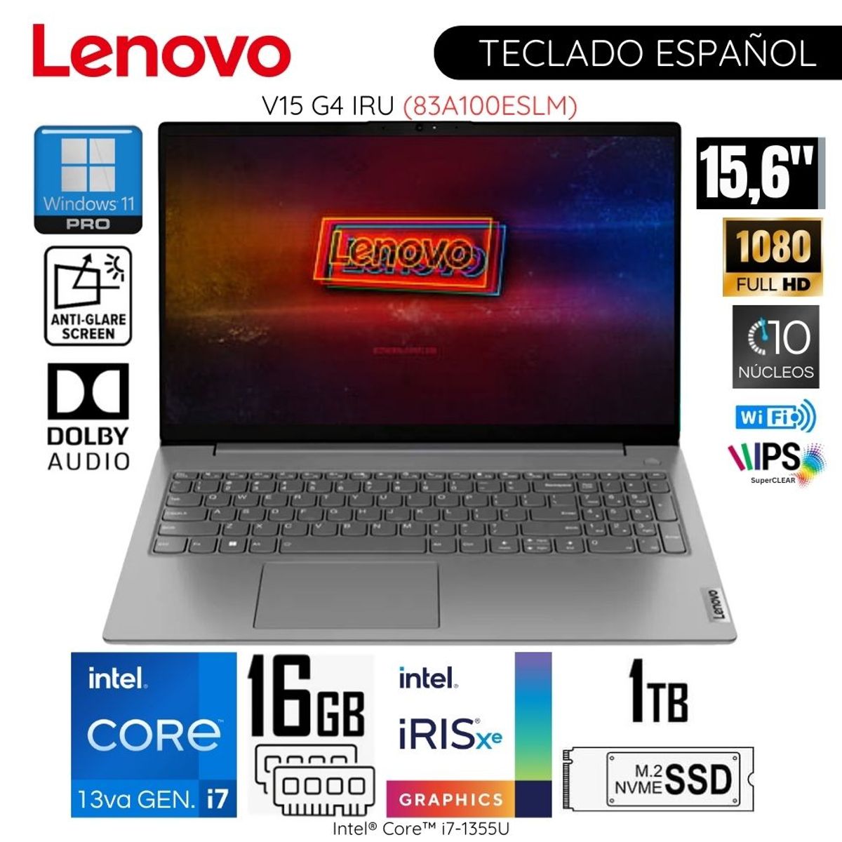 LENOVO - Laptop Lenovo V15 G4 IRU 15.6"   FHD Intel Core i7-1355U 16GB RAM 1TB SSD 83A100ESLM