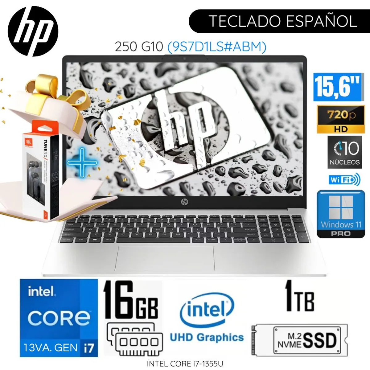 HP - Laptop HP 250 G10 Intel Corei7-1355U 16GB RAM 1TB SSD 15.6"  HD 9S7D1LS + Audífono